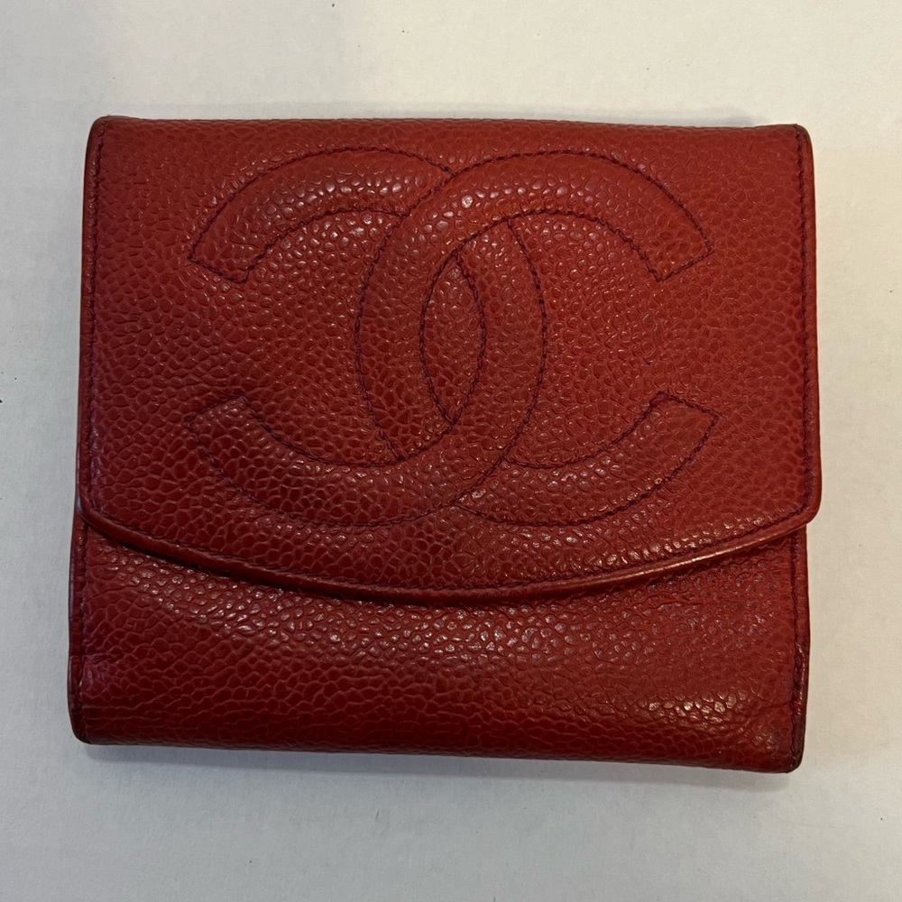 Authentic CHANEL Red Caviar Leather‎ Compact Wallet